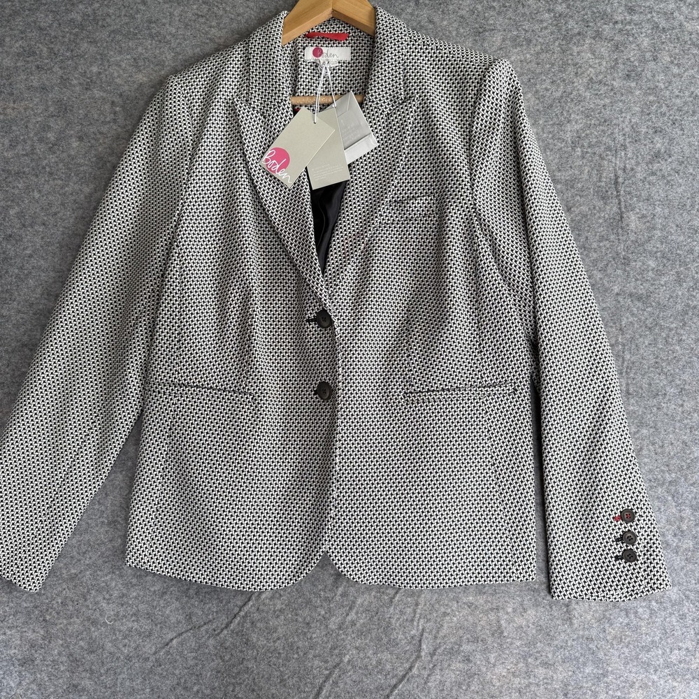 Boden Blazer Womens 14 Gray Houndstooth Stretch Lined Two Button Workwear NWT